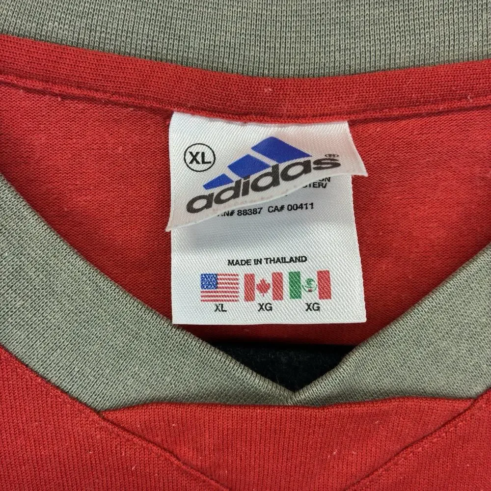 Vintage Adidas Men’s XL Red V-Neck T-Shirt Embroidered Logo Side Stripe Tee